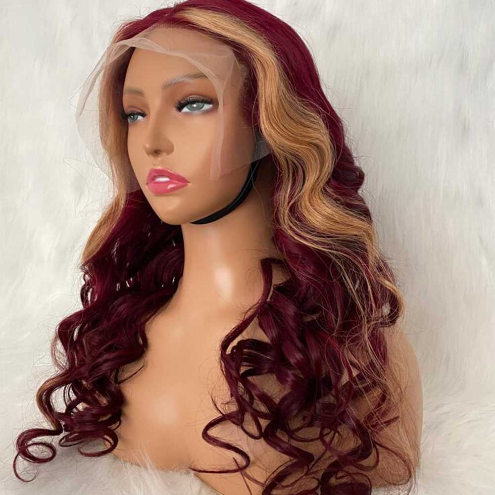 99J Piano 27 Compact 13x4 Frontal Lace Wig 24 inch 150% Density Wave Human Hair Wigs for Women Burgundy Colored